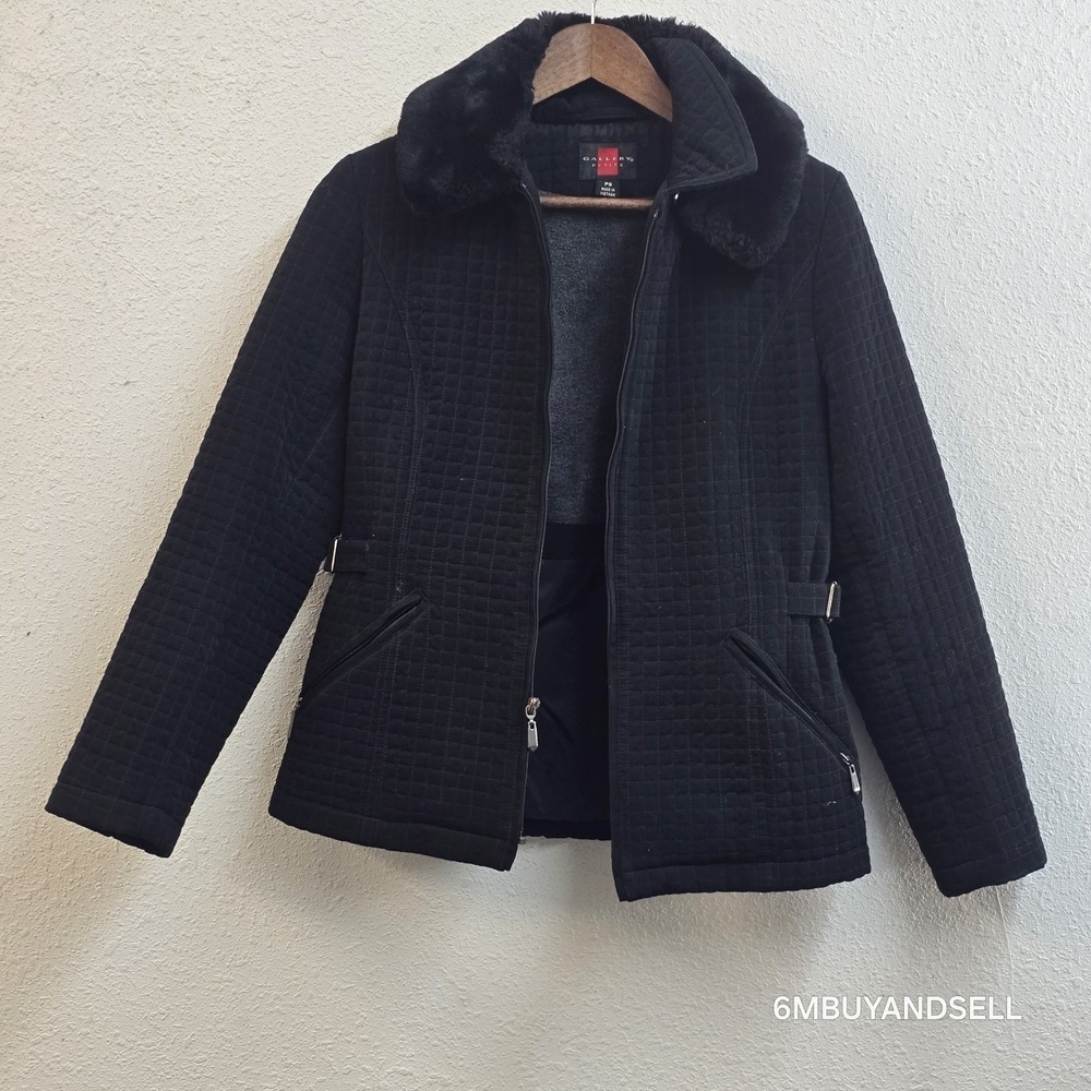 GALLERY Petite Quilted Coat Faux Fur Collar Black Jacket PS Lined‎ Winter